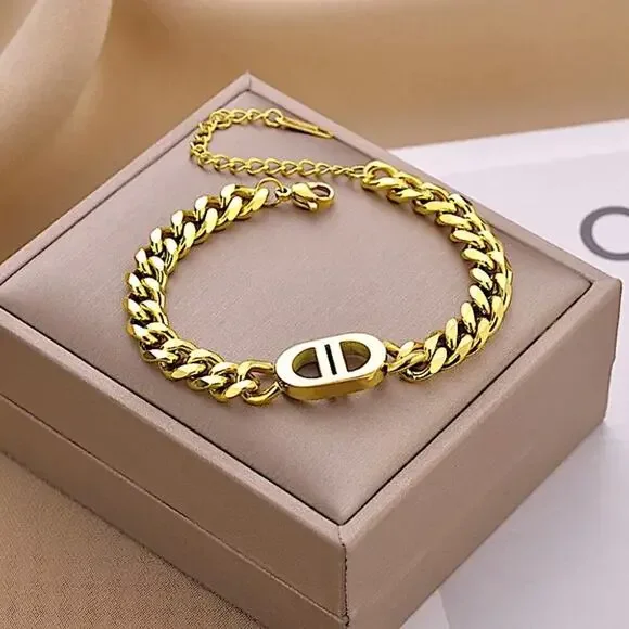 Double D Gold Plated Stainless Steel Necklace Matching Bracelet Set - Picture 4 of 4